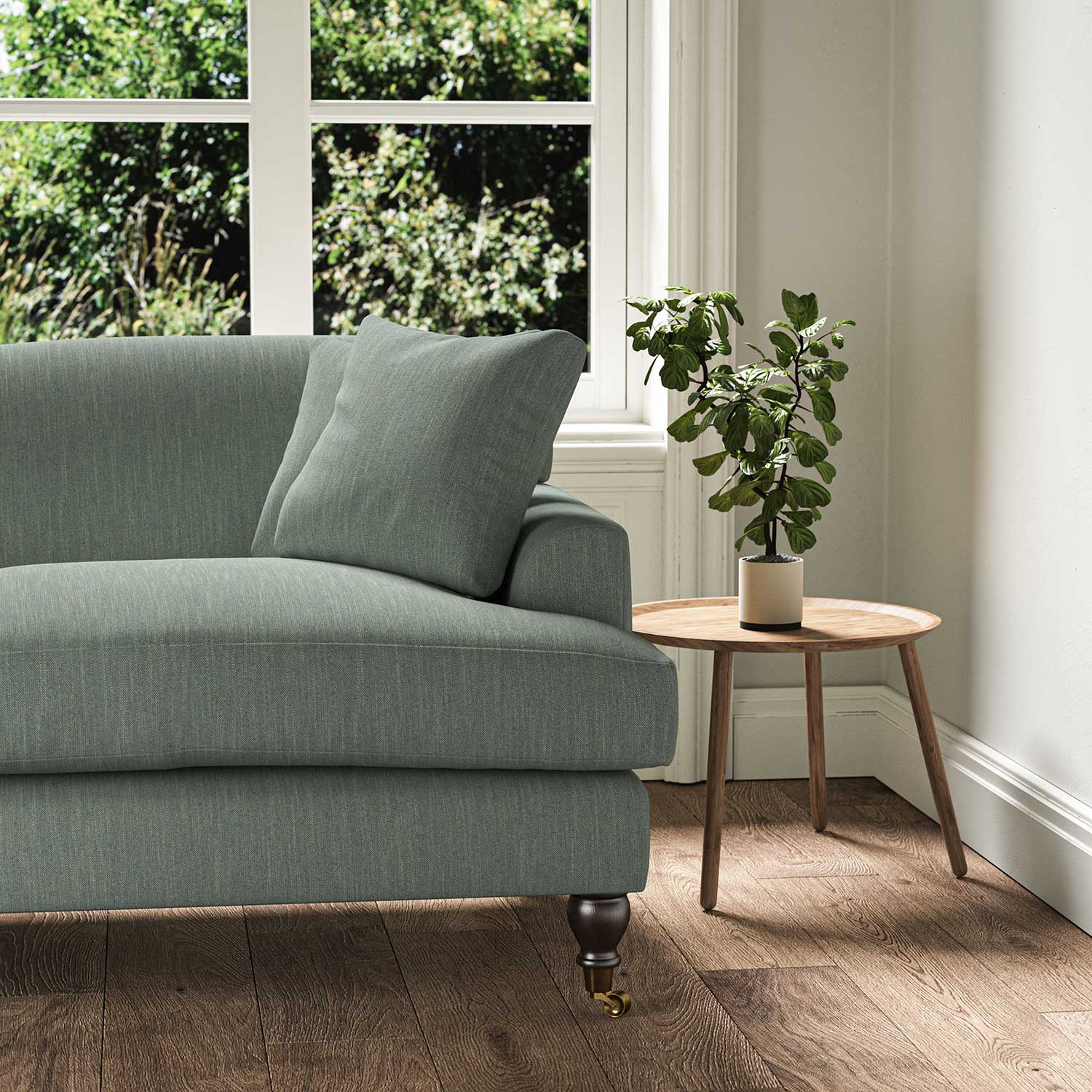 A grey stain resistant woven fabric on an armchair.