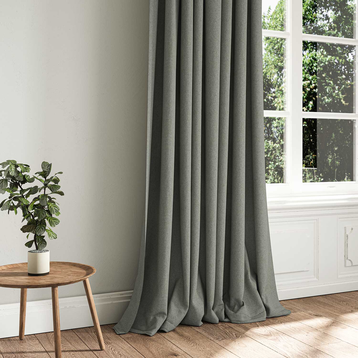 A grey woven fabric shown as a curtain.