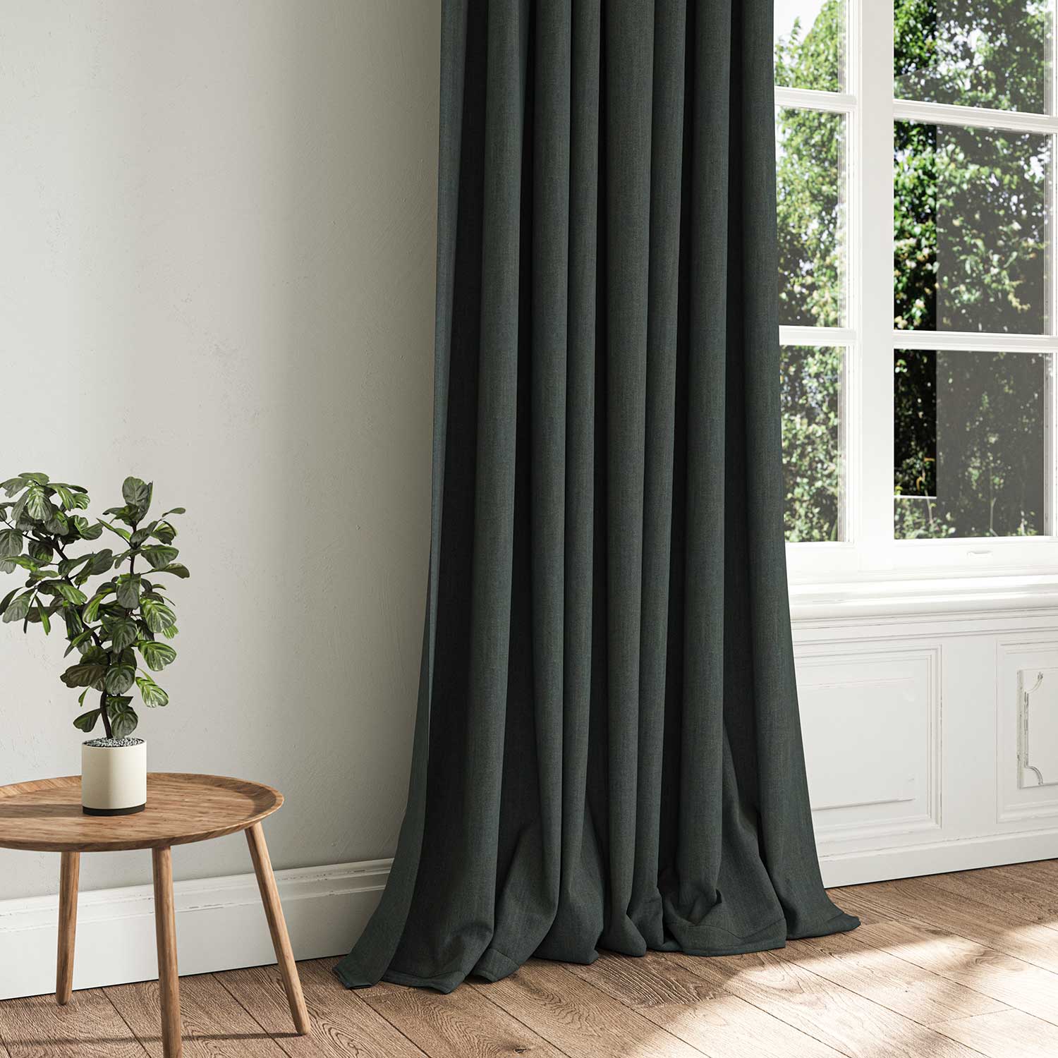A grey woven fabric shown as a curtain.
