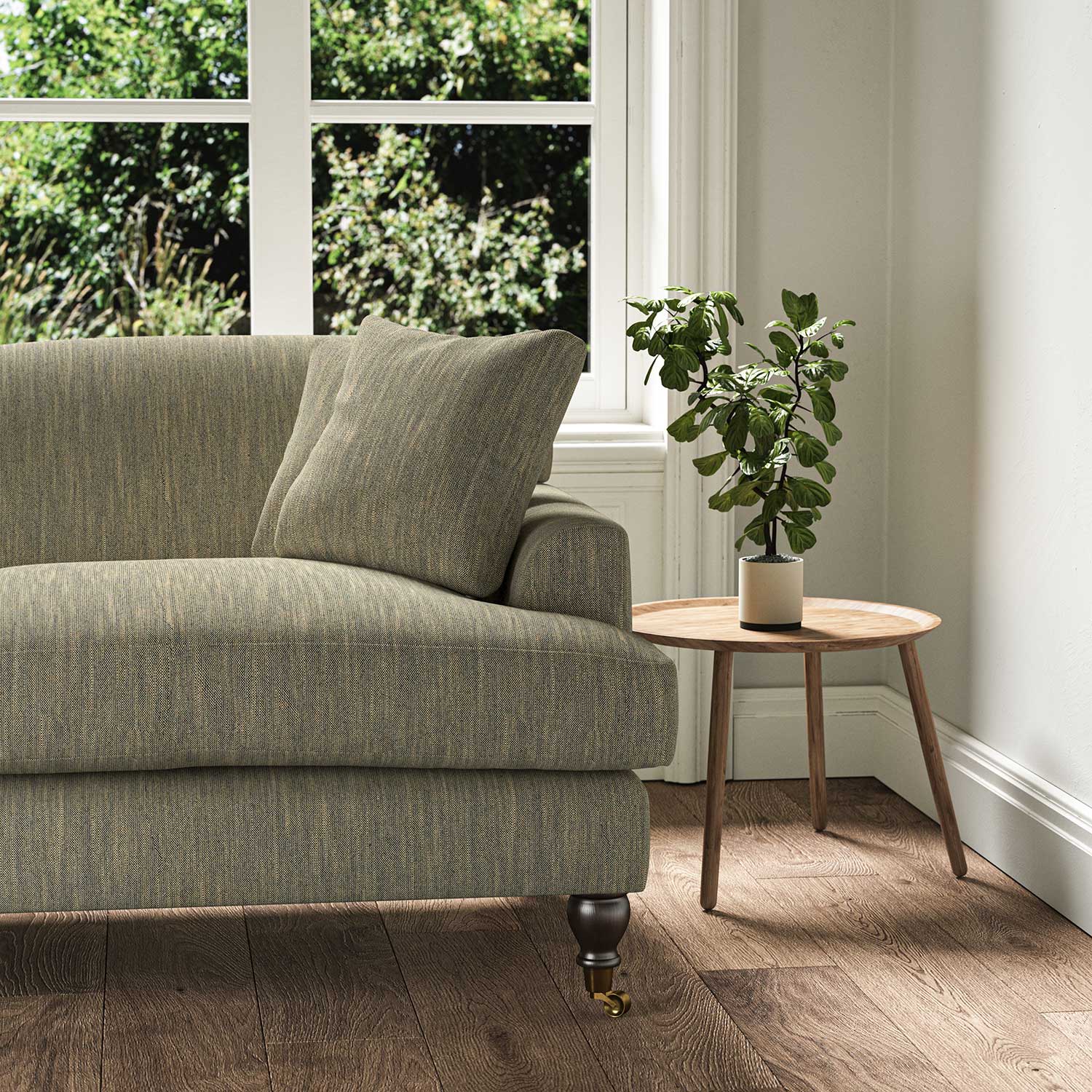 A brown stain resistant woven fabric on an armchair.