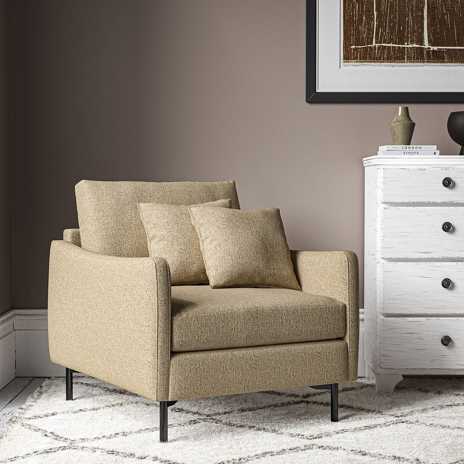 Chair covered in a boucle fabric in Fudge
