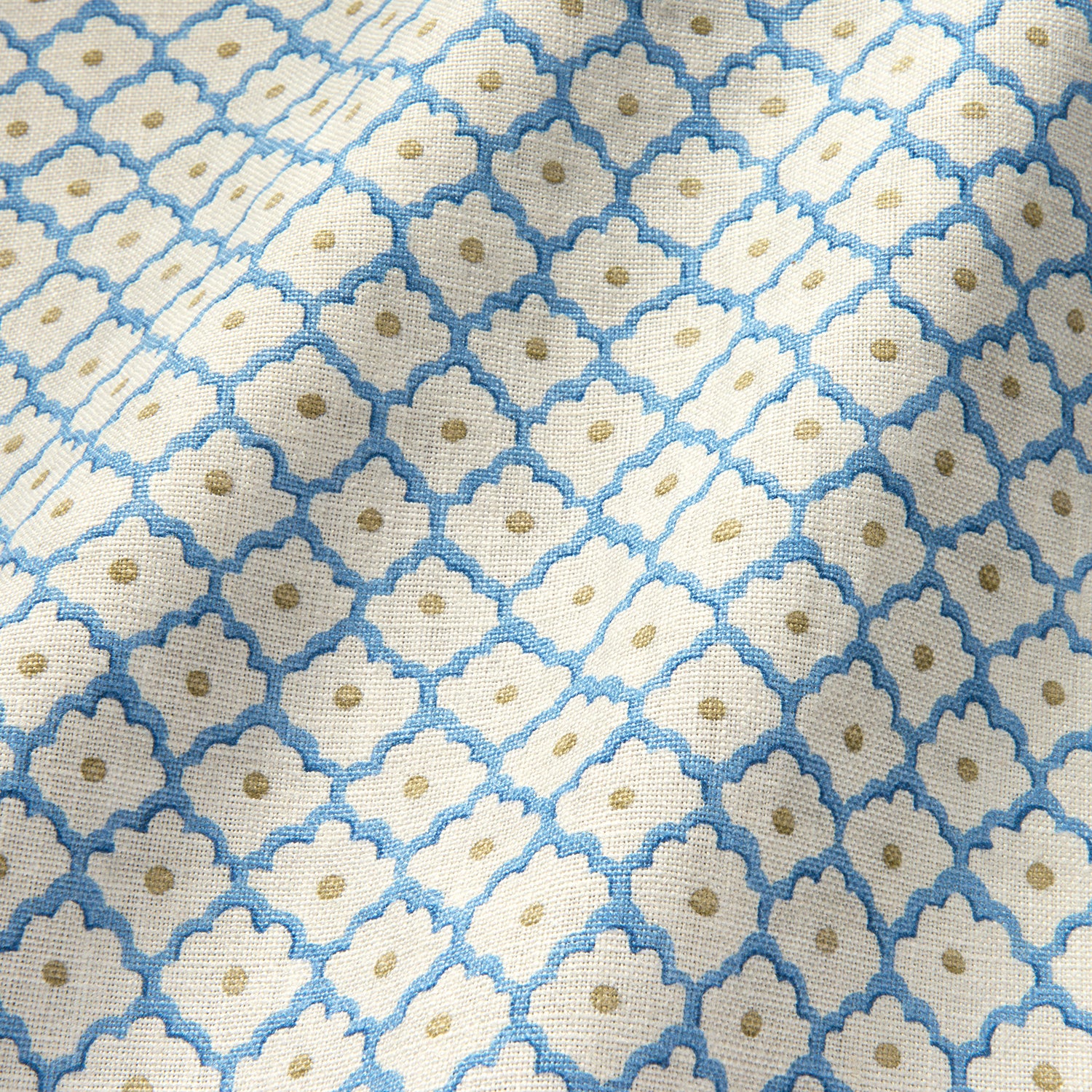 Printed linen fabric sample - a classic trellis design in blue, yellow, and cream.