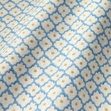 Printed linen fabric sample - a classic trellis design in blue, yellow, and cream.