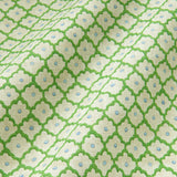 Printed linen fabric sample - a classic trellis design in blue, green, and cream