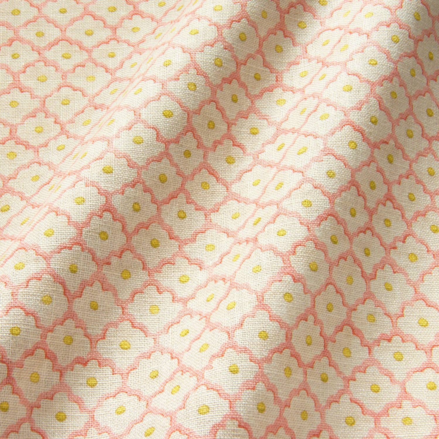 Printed linen fabric sample - a classic trellis design in pink, yellow, and cream