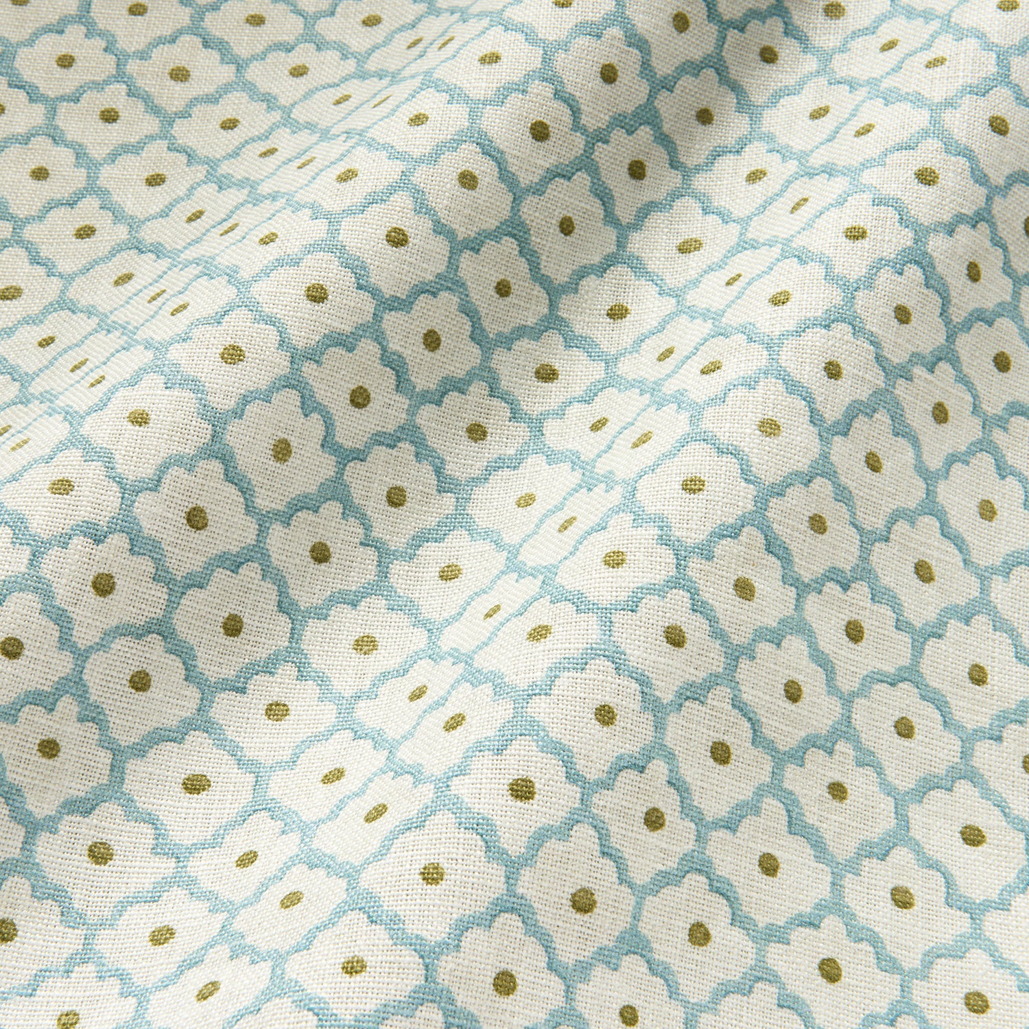 Printed linen fabric sample - a classic trellis design in blue, yellow, and cream