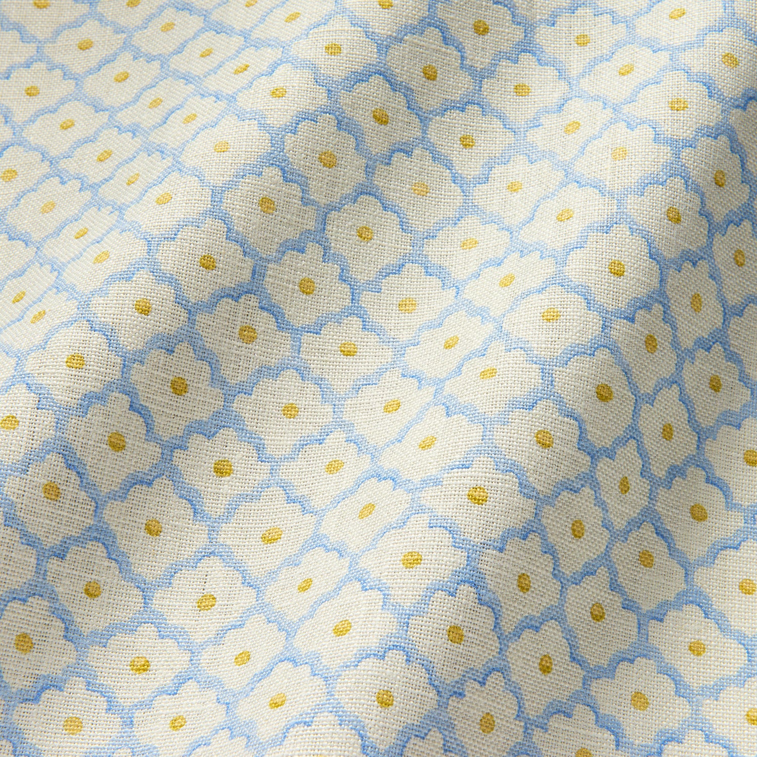 Printed linen fabric sample - a classic trellis design in blue, yellow, and cream