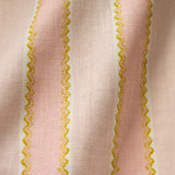 Printed linen fabric sample – a bold blocks of colour in this inviting stripe are softened with a painterly finish in pink, yellow and white