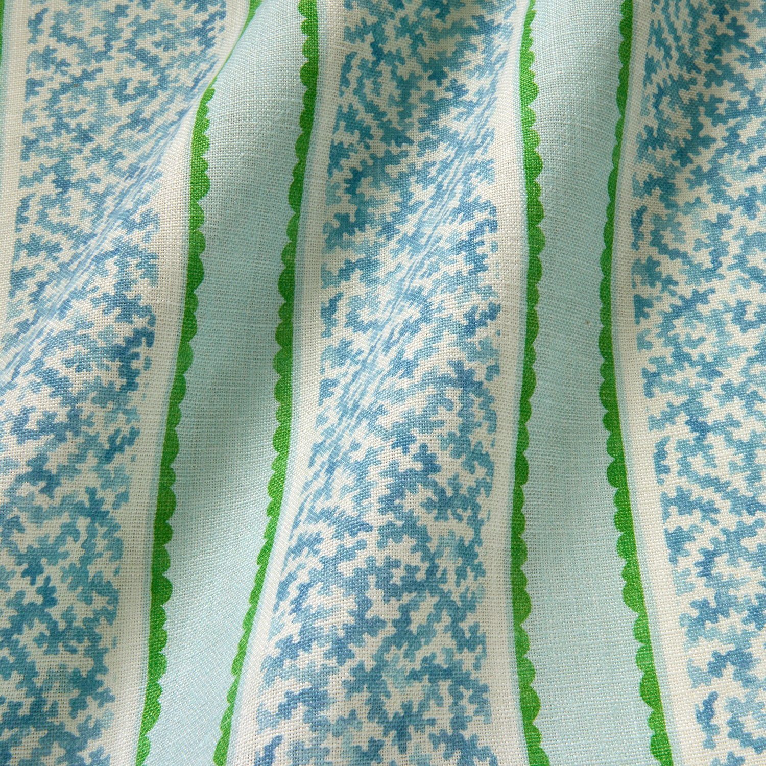 Printed linen fabric sample – fresh bands of jolly colours in blue, green and cream