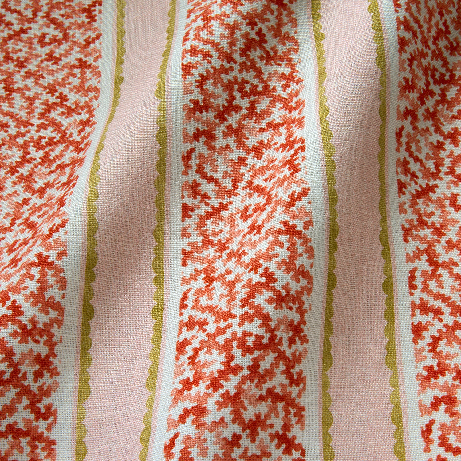 Printed linen fabric sample – fresh bands of jolly colours in pink, red, yellow and cream