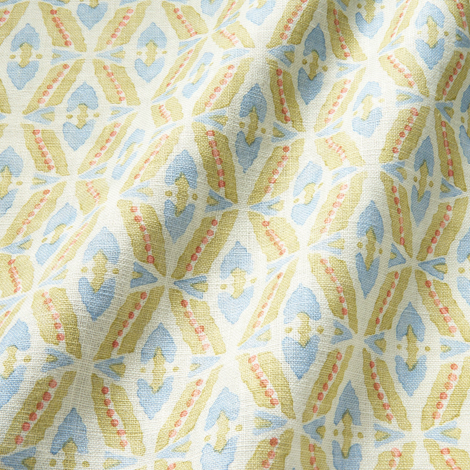 Printed linen fabric – a geometric design in pink, yellow and blue