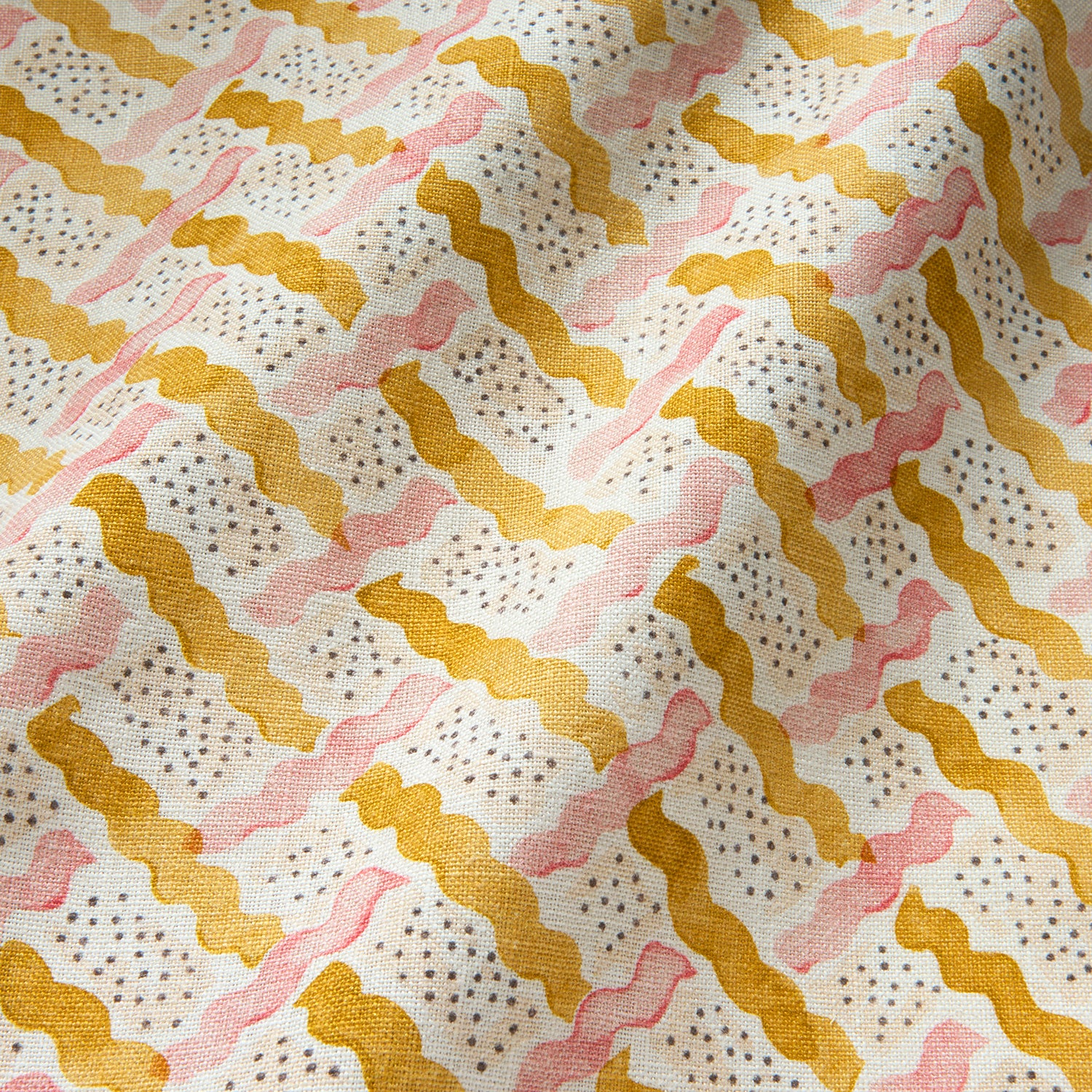Printed linen fabric - a contemporary lattice design in yellow, pink, cream and white