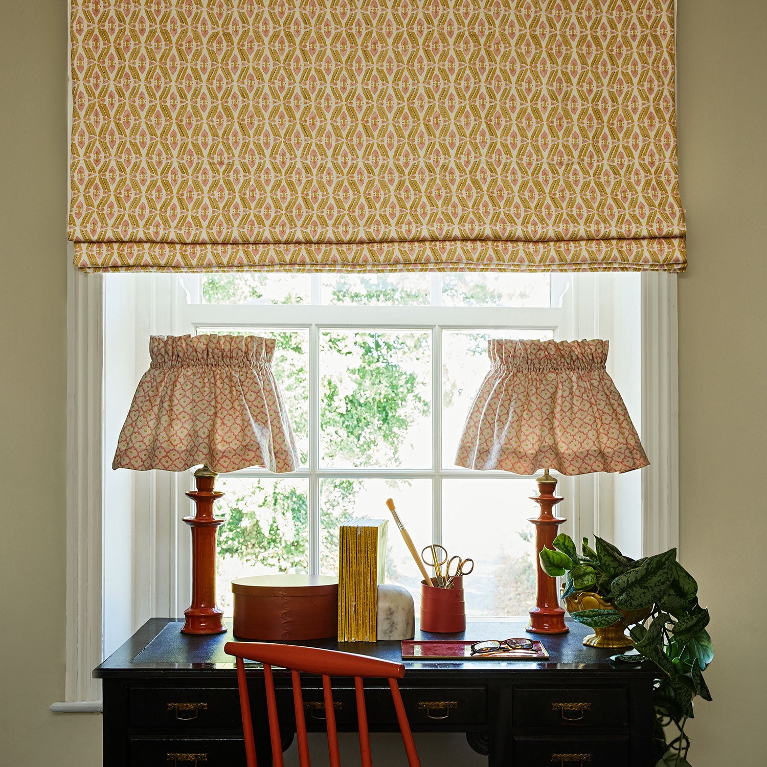 Printed linen fabric - a geometric design in pink, yellow and blue – on a lampshade & blind