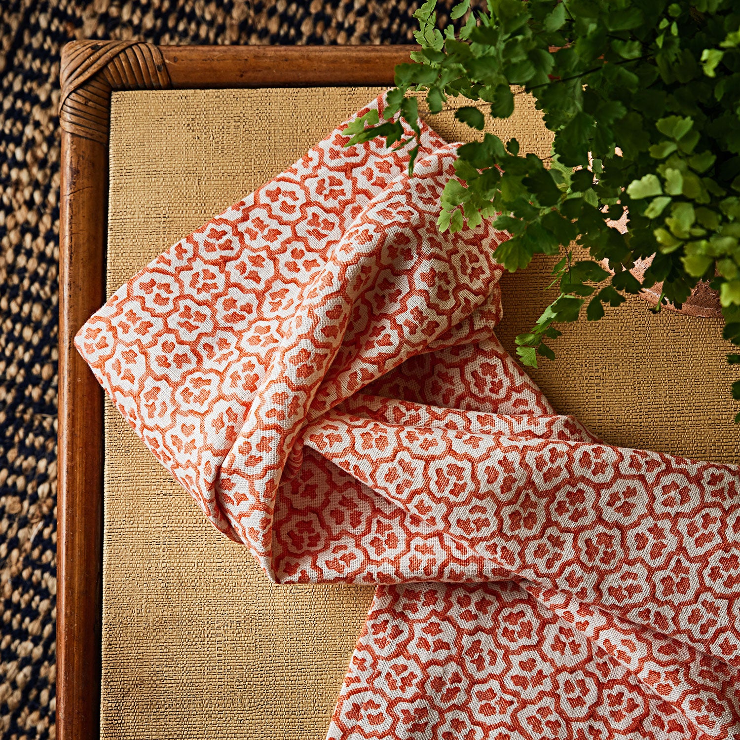 Printed linen fabric sample – a handy block print pattern in red and cream