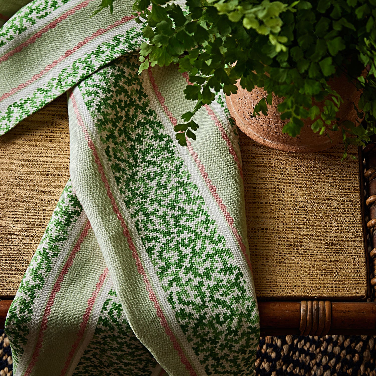 Printed linen fabric sample – fresh bands of jolly colours in green, pink and cream