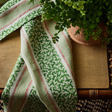 Printed linen fabric sample – fresh bands of jolly colours in green, pink and cream