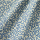 Printed linen fabric sample – damask-style pattern in blue and cream