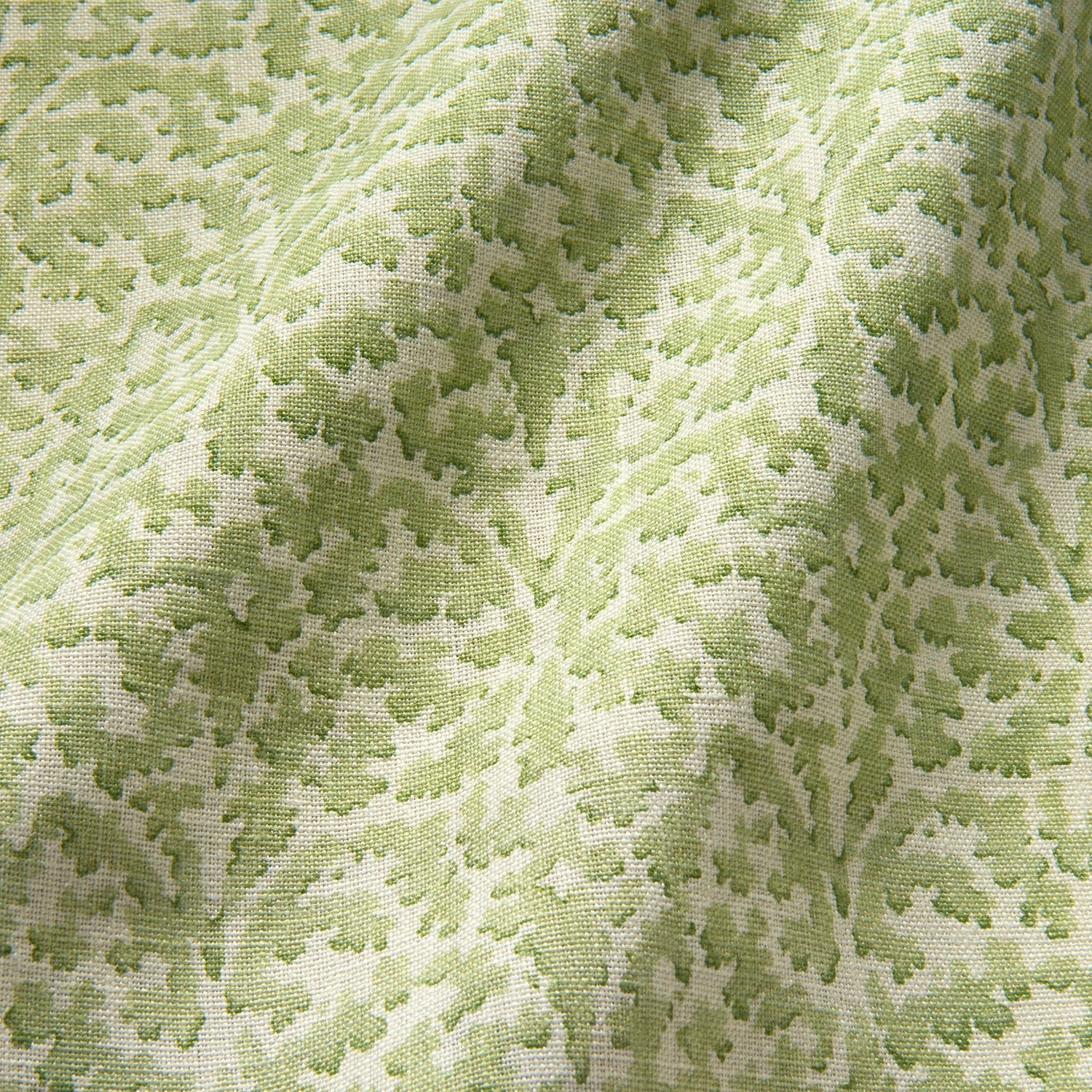 Printed linen fabric sample – damask-style pattern in green and cream