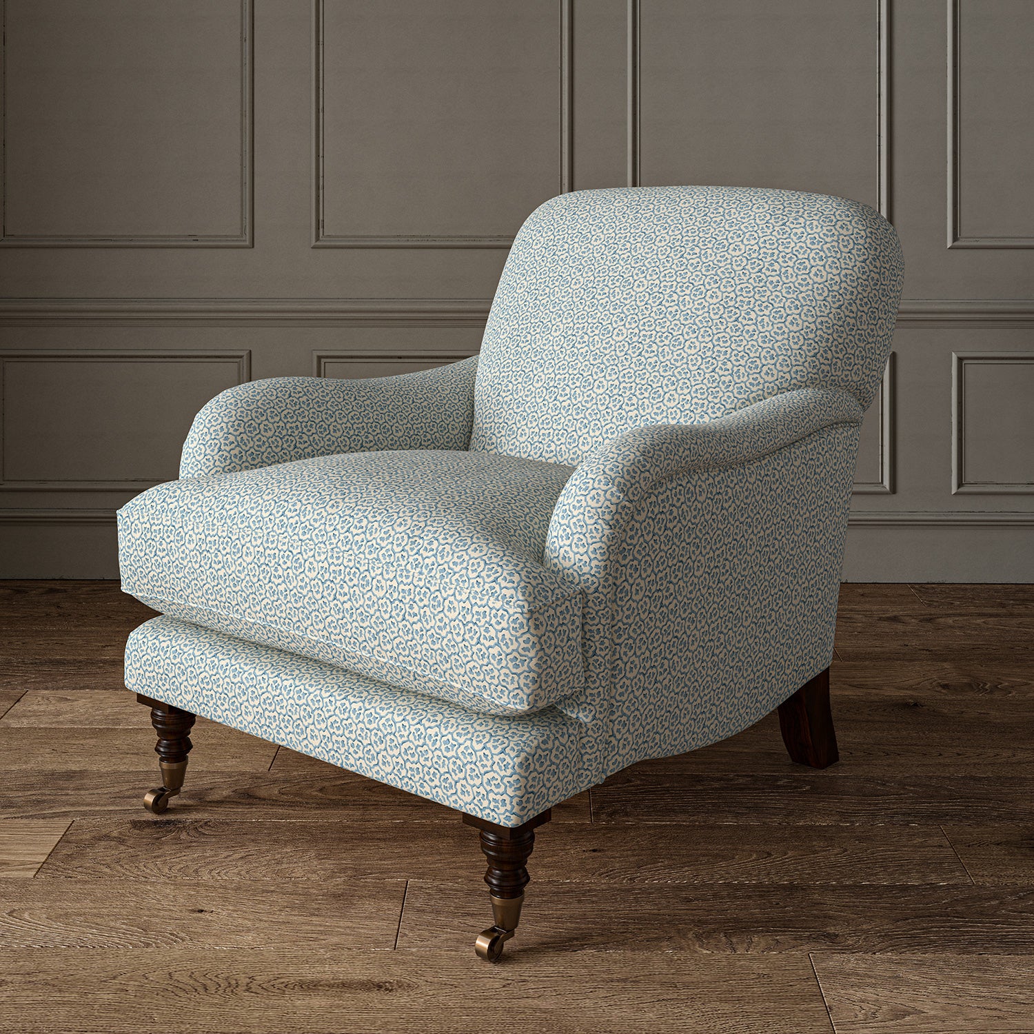 Printed linen fabric – a handy block print pattern in blue and cream – on an armchair