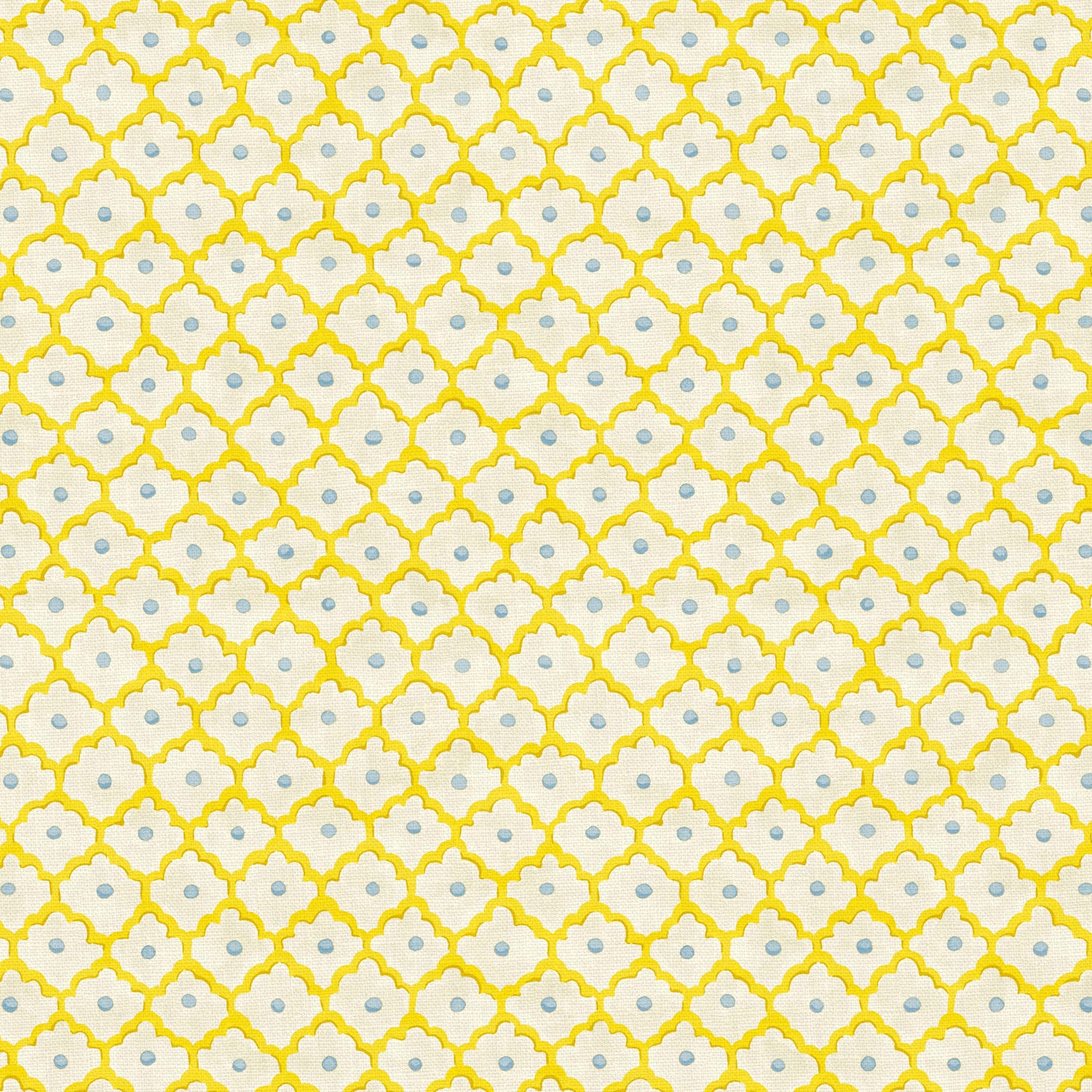 Printed linen fabric sample - a classic trellis design in blue, yellow, and cream