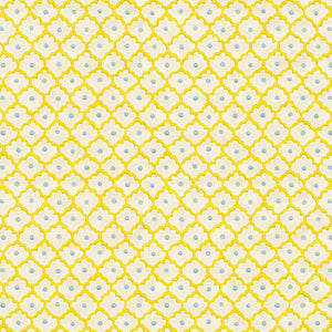 Printed linen fabric sample - a classic trellis design in blue, yellow, and cream
