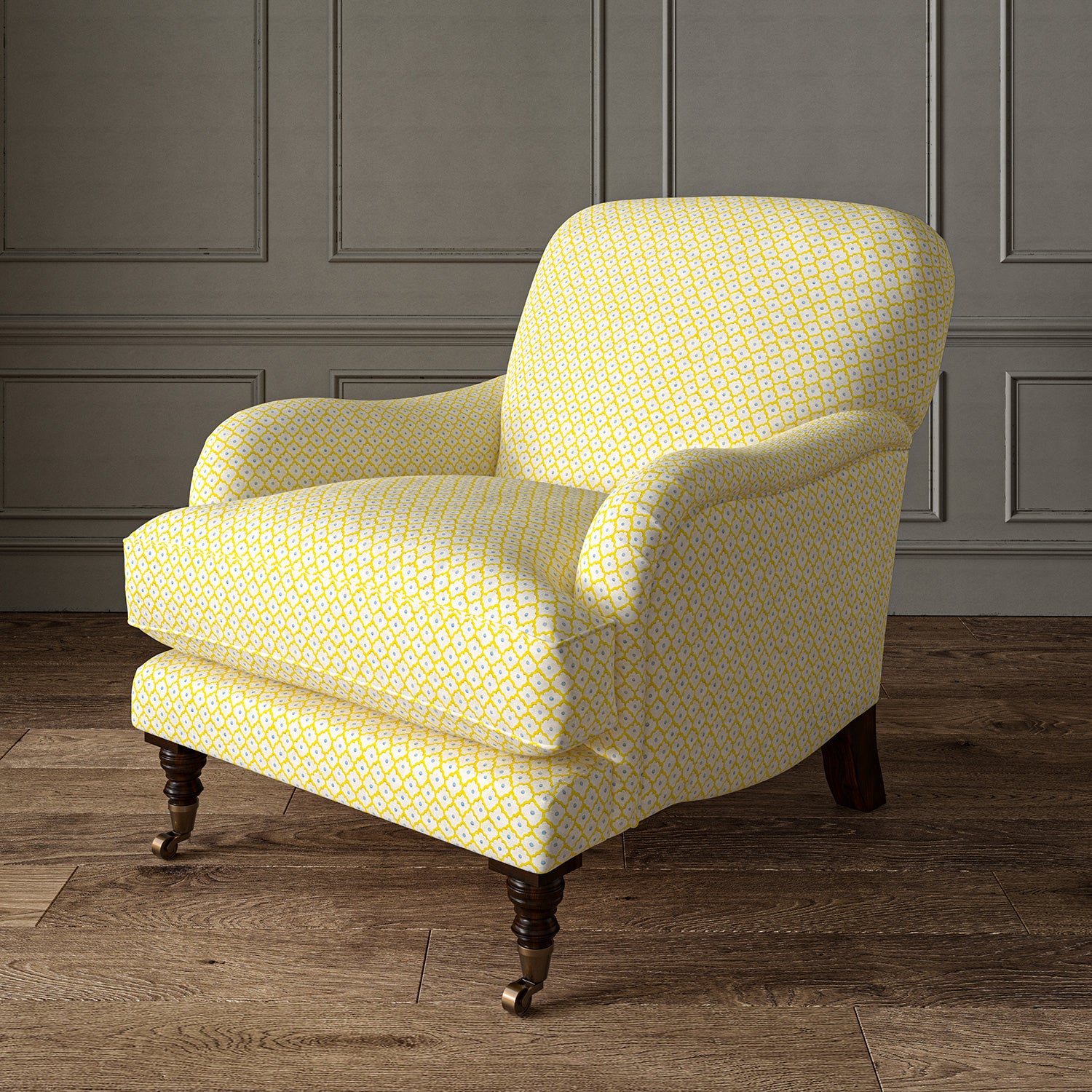Printed linen fabric – a classic trellis design in blue, yellow, and cream – on an armchair