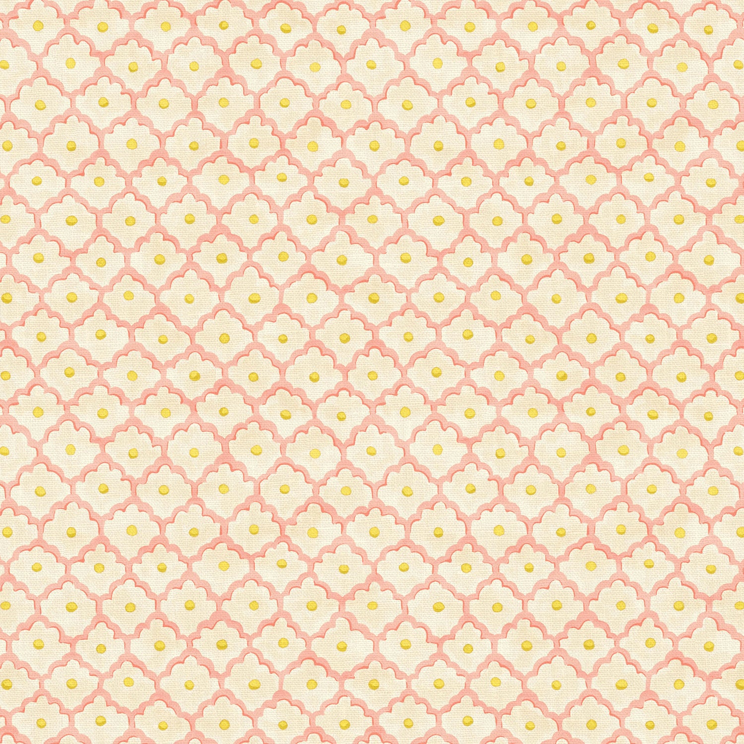 Printed linen fabric sample - a classic trellis design in pink, yellow, and cream