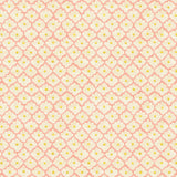 Printed linen fabric sample - a classic trellis design in pink, yellow, and cream