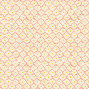 Printed linen fabric sample - a classic trellis design in pink, yellow, and cream