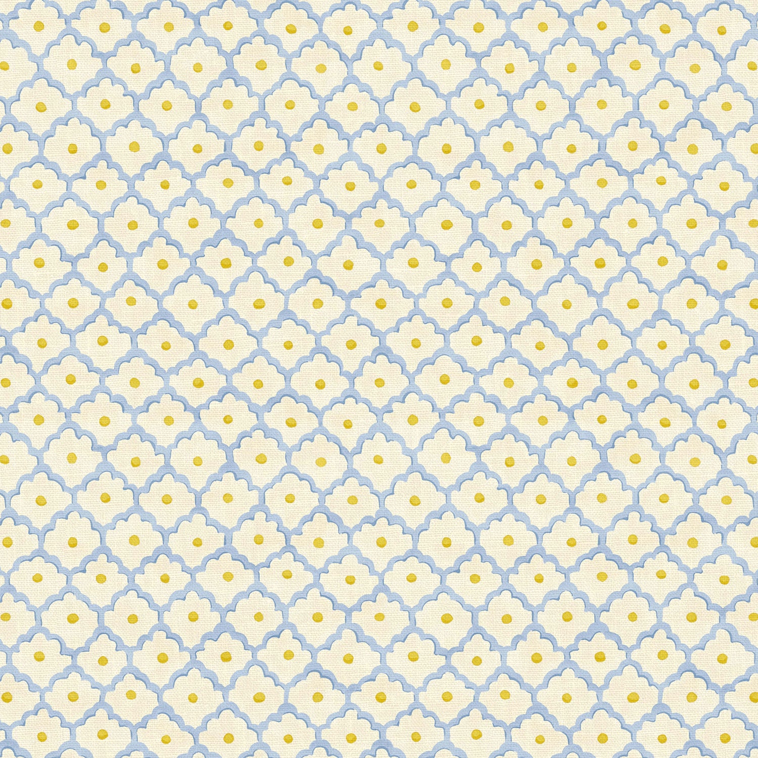 Printed linen fabric sample - a classic trellis design in blue, yellow, and cream