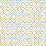 Printed linen fabric sample - a classic trellis design in blue, yellow, and cream