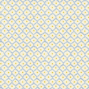 Printed linen fabric sample - a classic trellis design in blue, yellow, and cream