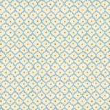 Printed linen fabric sample - a classic trellis design in blue, yellow, and cream