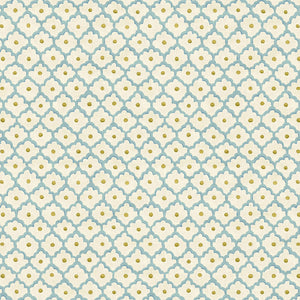 Printed linen fabric sample - a classic trellis design in blue, yellow, and cream