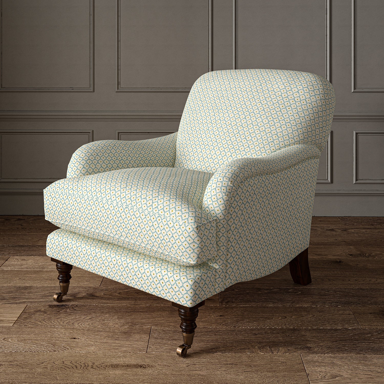 Printed linen fabric – a classic trellis design in blue, yellow, and cream – on an armchair