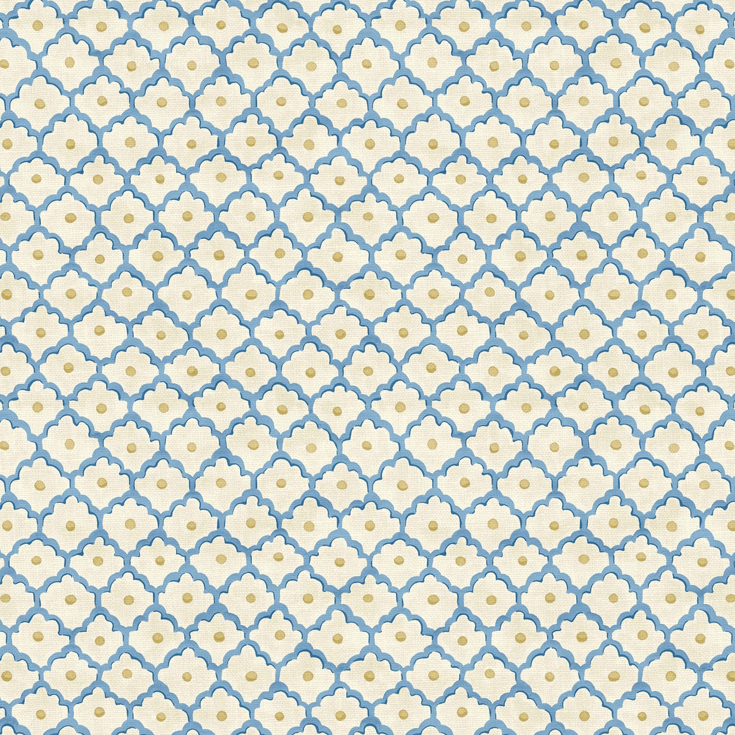 Printed linen fabric sample - a classic trellis design in blue, yellow, and cream.