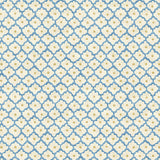 Printed linen fabric sample - a classic trellis design in blue, yellow, and cream.