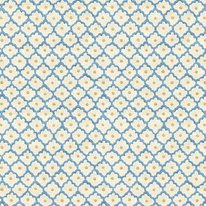 Printed linen fabric sample - a classic trellis design in blue, yellow, and cream.