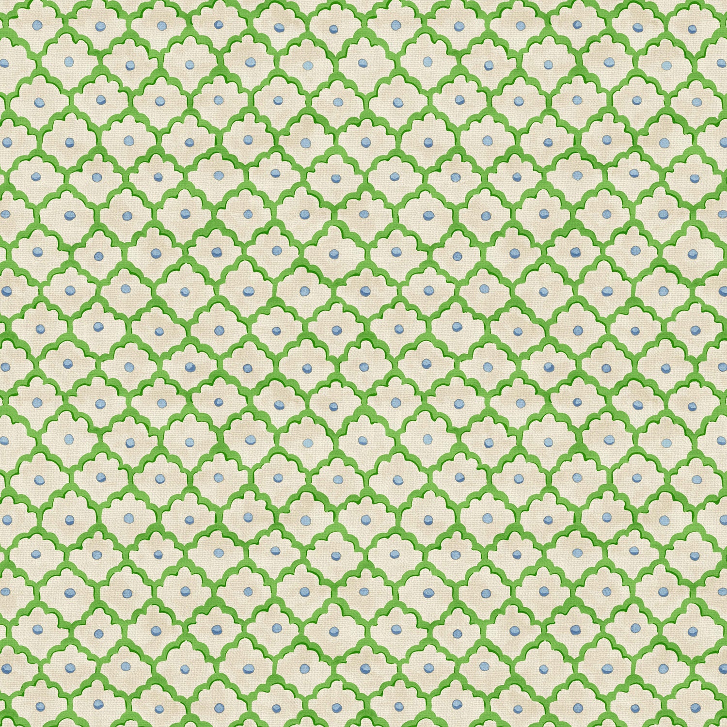 Printed linen fabric sample - a classic trellis design in blue, green, and cream