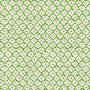 Printed linen fabric sample - a classic trellis design in blue, green, and cream