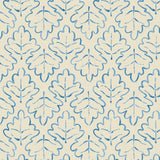 Printed linen fabric sample – a hand drawn; mirrored leaf motif pattern in blue and cream