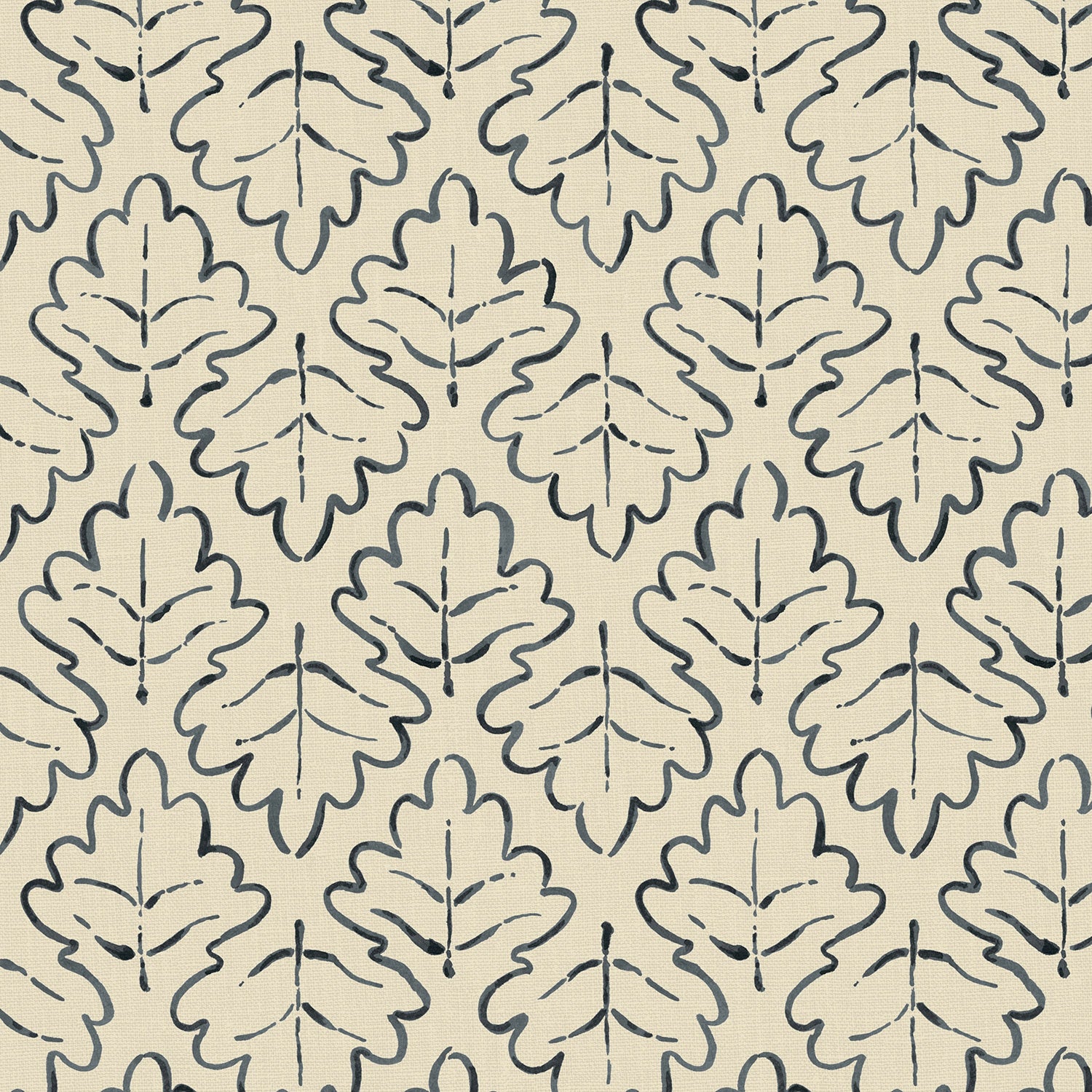 Printed linen fabric sample – a hand drawn; mirrored leaf motif pattern in blue and cream