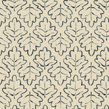 Printed linen fabric sample – a hand drawn; mirrored leaf motif pattern in blue and cream