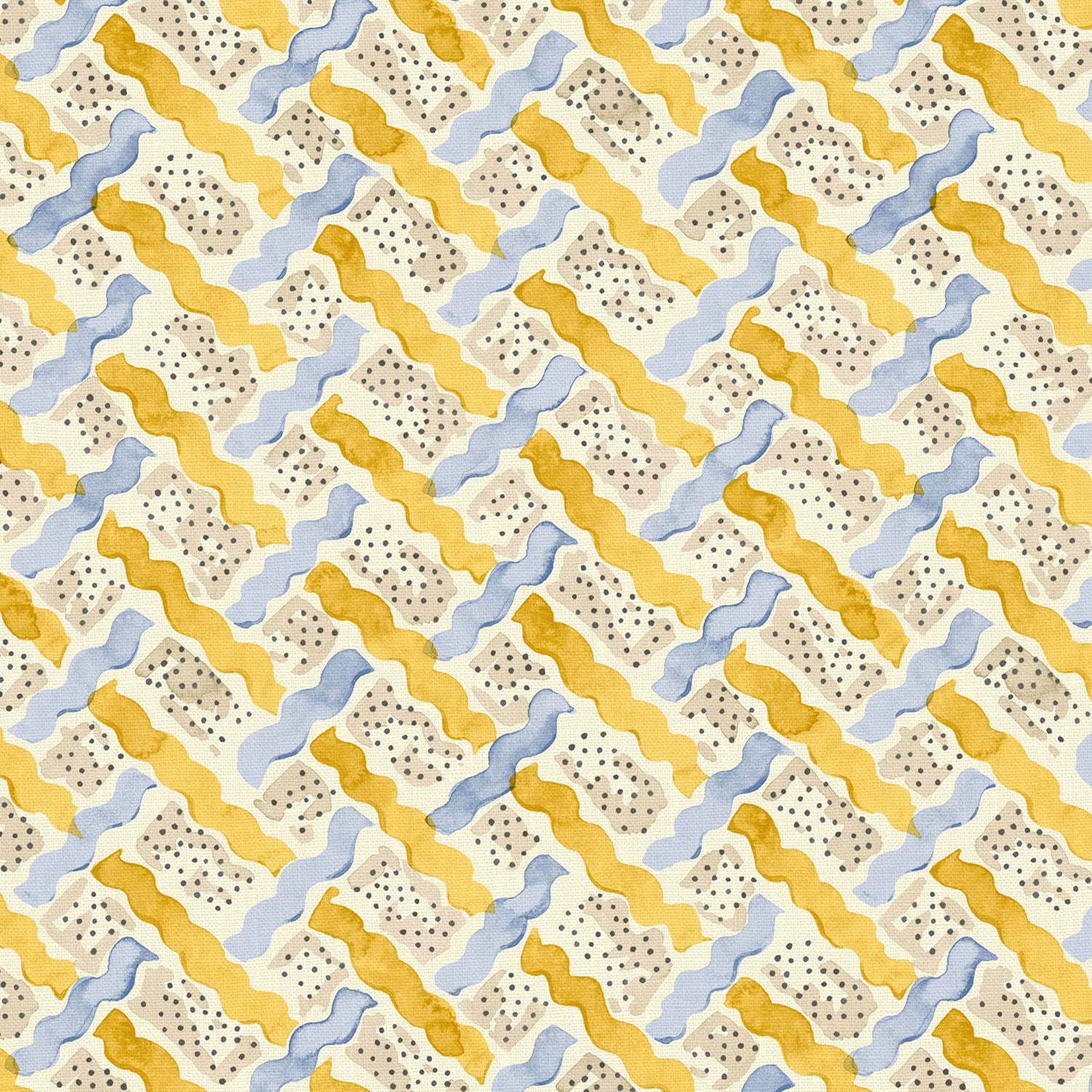 Printed linen fabric - a contemporary lattice design in yellow, blue, cream and white