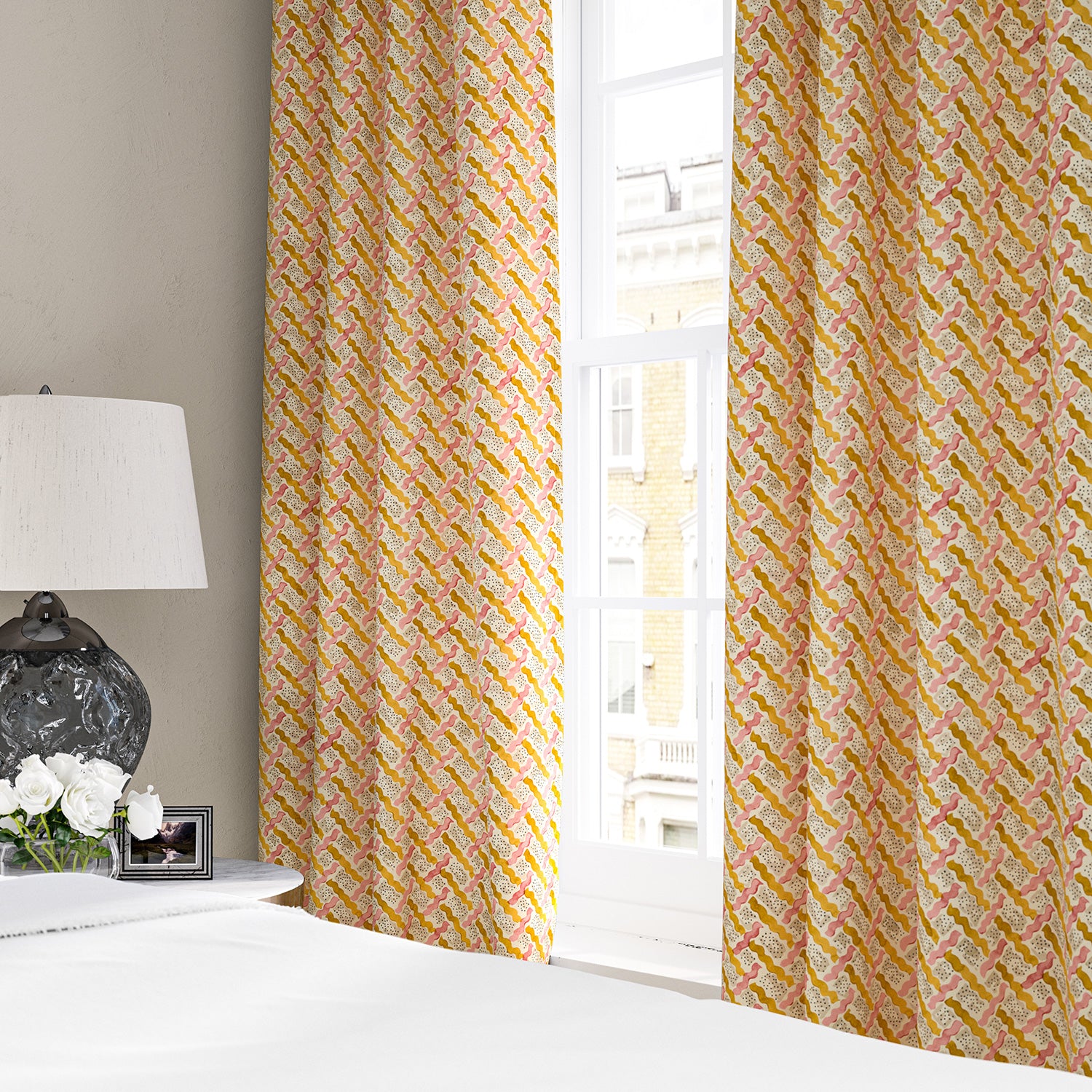 Linen curtains with a contemporary lattice design in yellow, pink, cream and white