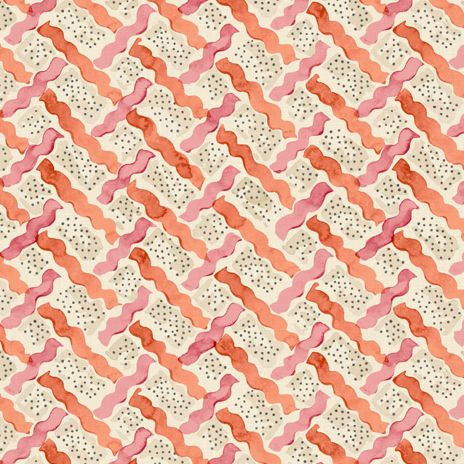 Printed linen fabric - a contemporary lattice design in red, pink, cream and white