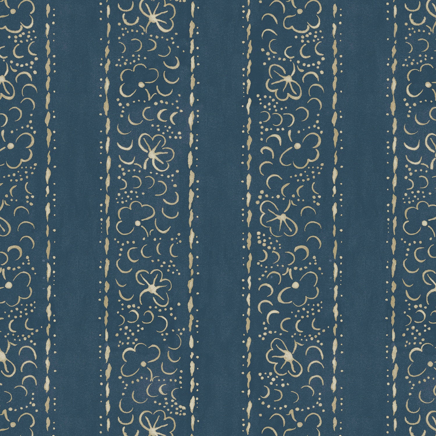 Printed linen fabric sample – a delicate pattern of moons and star-like dots in blue and cream