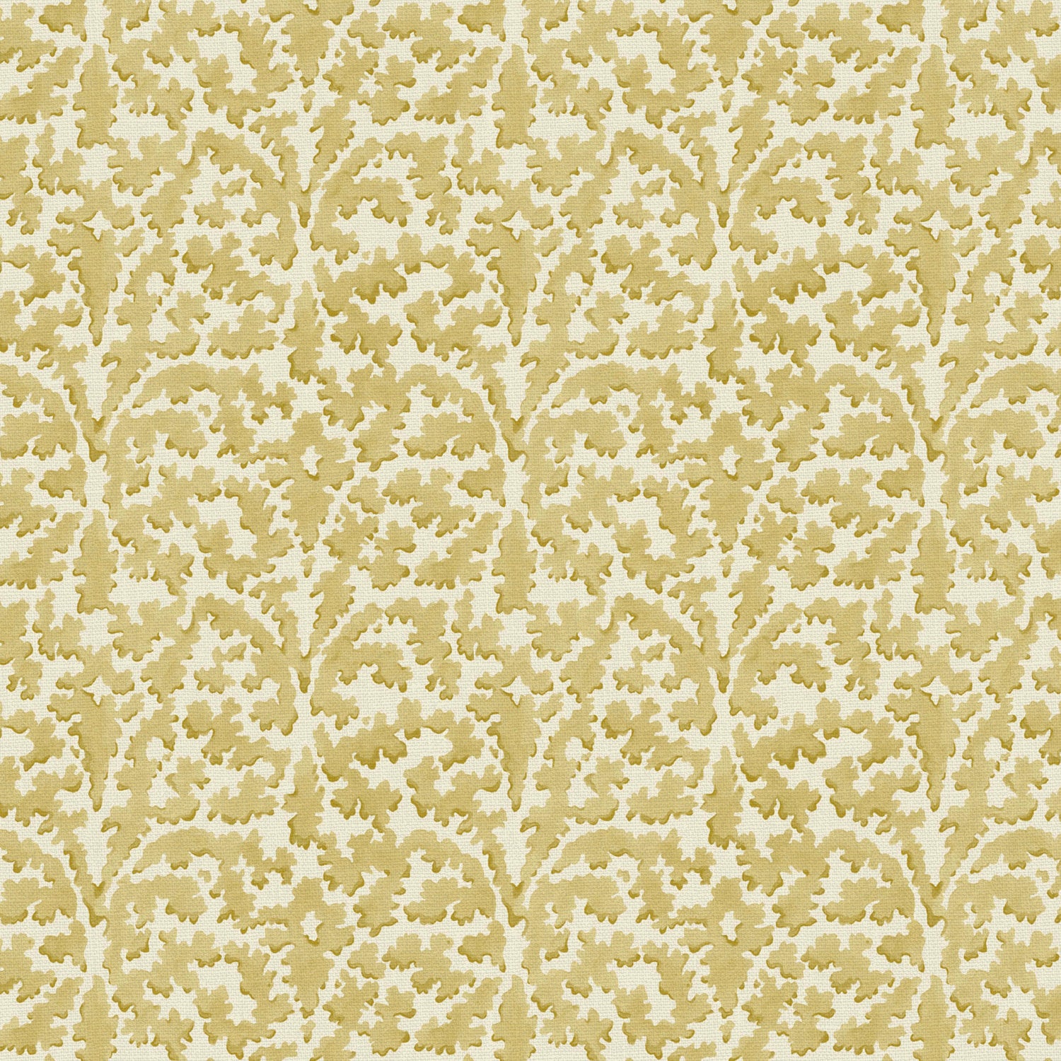 Printed linen fabric sample – damask-style pattern in yellow and cream