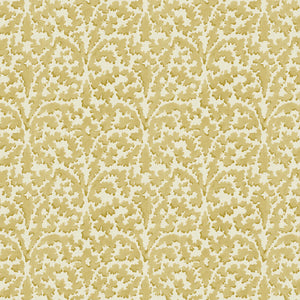 Printed linen fabric sample – damask-style pattern in yellow and cream