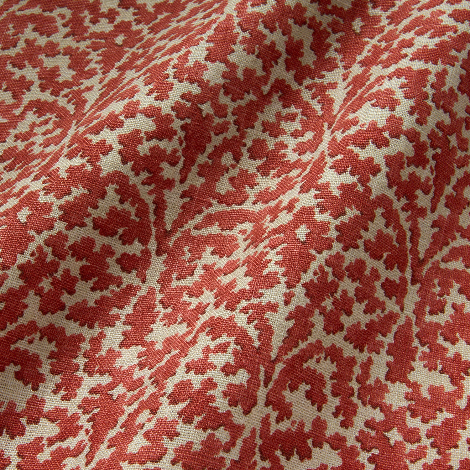 Printed linen fabric sample – damask-style pattern in red and cream